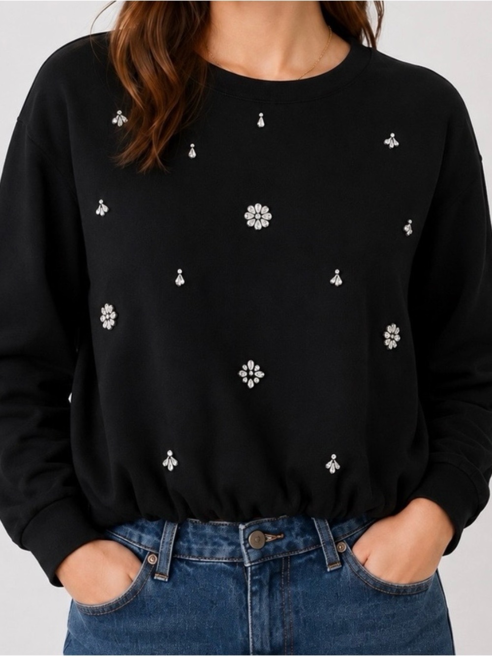 LOFT Black Rhinestone Embellished Bubble Hem Sweatshirt L